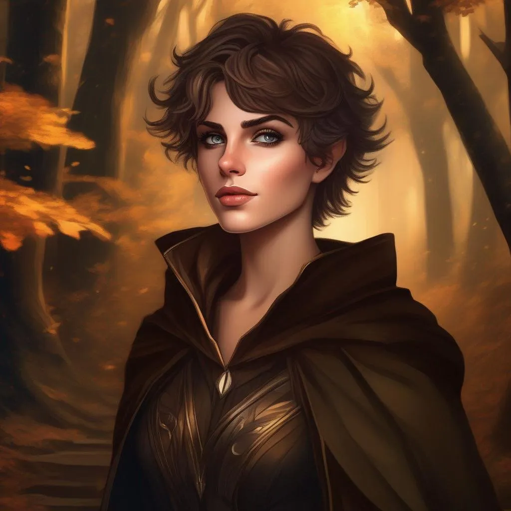Prompt: highest quality anime art masterpiece, digital drawing, tiny skinny caucasian female sorceress, wearing mage mantle, , very short wavy brown pixie undercut hair with shaved sides:vistani, dark female makeup, huge long hooked aquiline persian nose, flat nose tip, protruding nose bridge, melancholic, in a forest on a dark foggy night, big sad slant feline green emerald cat eyes, tanned skin:2, waxing moon, ethereal, highres, realistic, highly detailed, fantasy, eastern european, ukrainian, D&D, Ravenloft, by Ilya Kuvshinov