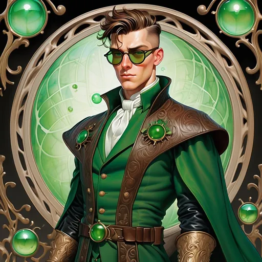 Prompt: a dynamic full body portrait of an irish adult beautiful handsome brown haired man, very short slicked back pompadour undercut with shaved sides and chestnut wisps, wearing a dark sorcerer mantle and round glasses, green mirror shades with emerald lenses round face, broad cheeks, dressed, muscular, intricate, sharp focus, in the style of Ivan Bilibin, Ernst Haeckel, Daniel Merriam, watercolor and ink