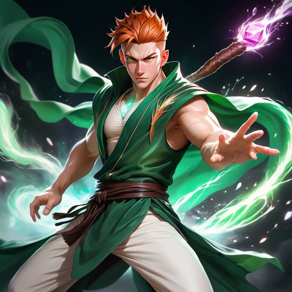 Prompt: a dynamic waist up drawing of an athletic, dressed adult slender skinny male mage in movement, wearing a dark green wizard robe with a cape, loincloth, white shirt underneath, very short extremely deep dark brown slicked back pompadour undercut with dark ginger highlights and shaved sides, very bright and pale milky skin. He fights with a wooden magic staff with a crystal and shoots magical pulses in motion, in rage, soft feminine body features, rising, athlete, scarred face, Smooth skin, detailed face, well drawn face. Rpg art. 2d art. 2d.