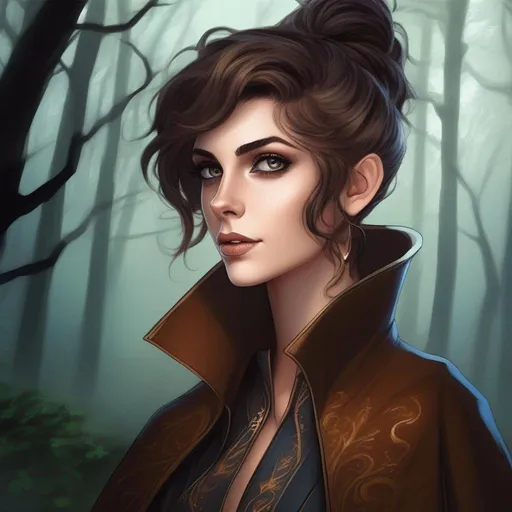 Prompt: highest quality anime art masterpiece, digital drawing, tiny skinny caucasian female sorceress, wearing mage mantle, , very short wavy brown pixie undercut hair with shaved sides:vistani, dark female makeup, huge long hooked aquiline persian nose, flat nose tip, protruding nose bridge, melancholic, in a forest on a dark foggy night, big sad slant feline green emerald cat eyes, tanned skin:2, waxing moon, ethereal, highres, realistic, highly detailed, fantasy, eastern european, ukrainian, D&D, Ravenloft, by Ilya Kuvshinov