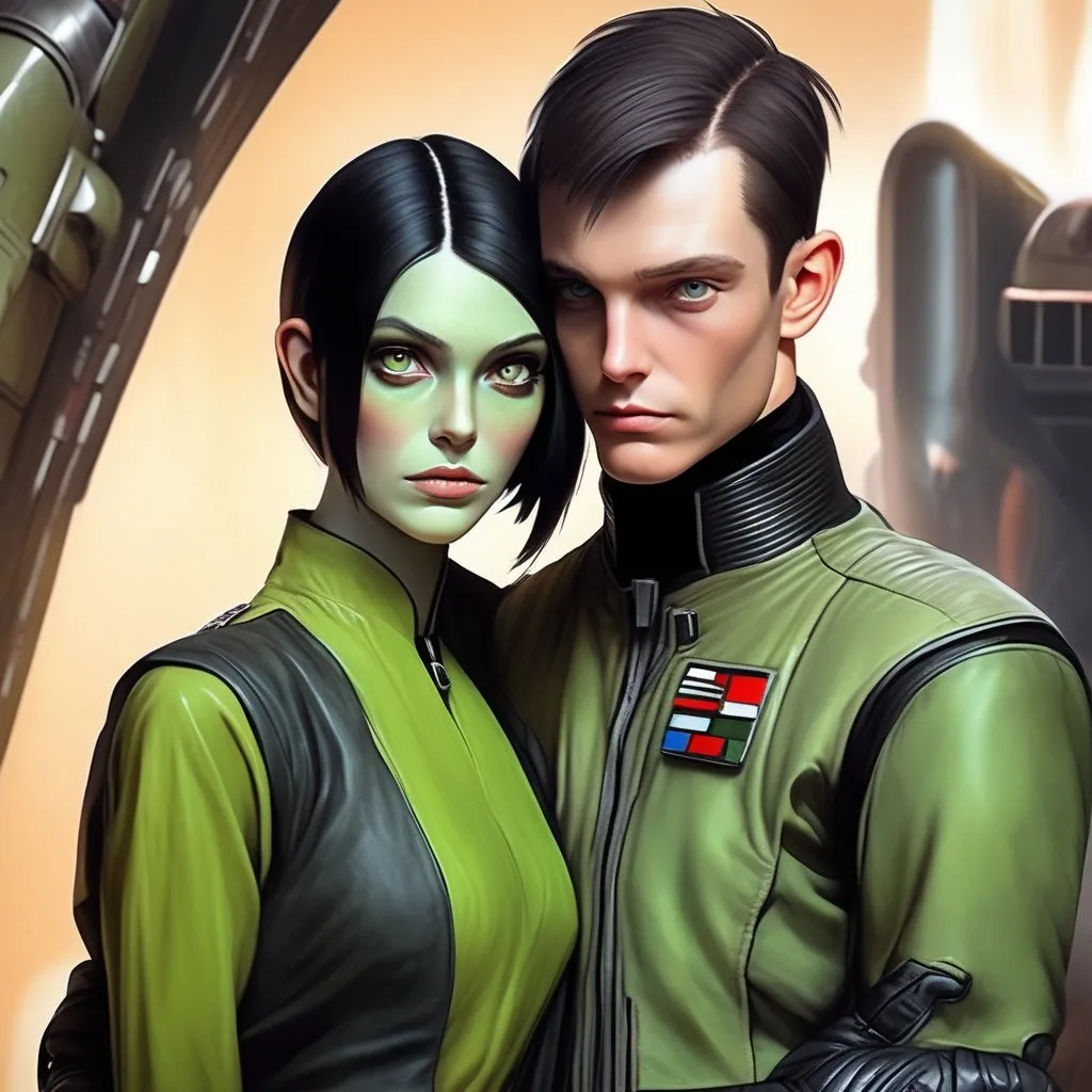 Prompt: A green skinned scifi green female with green skin, she has short black bob hair, well drawn green face, uniform, her skin is green, she has green skin. hugging with a Handsome caucasian male scifi pilot with very short slicked back (brown) pompadour undercut hair, fully dark entirely jet black leather jacket. green eyes, his skin is normal pale. detailed. star wars art. 2d art. 2d