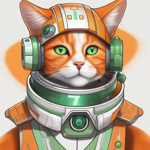 Prompt:  A 33 years old alien of a star wars cat race. Vaguely humanoid. He has shot orange fur and a white skin. He wears a scifi suit and has green robot eyes. Detailed, well draw face, Smooth skin. rpg art. Star wars art. 2d art. 2d