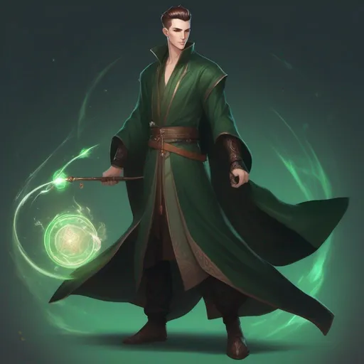 Prompt: A tall slender male mage in dark green robes with glyphs, with very short extremely deep dark brown slicked back pompadour undercut with dark ginger highlights and shaved sides, very pale milky skin. He fights with a magic staff and casts magic spells, potions on his belt, soft feminine body features. Smooth skin, detailed, well drawn face. Rpg art. 2d art. 2d.