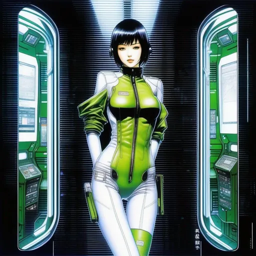 Prompt: detailed green skinned character portrait, full body portrait of a green skin petite slim female with short black messy wavy bob cut and green skin, green woman retro futuristic starship officer, black futuristic leather jackett, girlwith green skin color, on smoky background, docking station, inside of a spaceship, Ghost in the shell art. Masamune Shirow art. anime art. Leiji Matsumoto art. Akira art. Otomo art. 2d. 2d art.