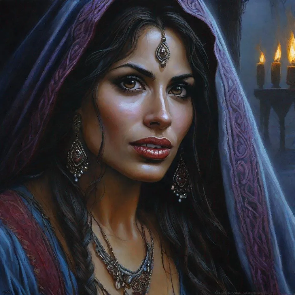 Prompt: fantasy art, oil painting, sarah shahi, as a gypsy woman, in a dark gypsy camp, foggy night, dreadful dark and moody atmosphere, frightened and concerned expression, close up, cinematic, dramatic, highres, detailed, D&D, DnD, Pathfinder, Ravenloft, Vistani, fantasy, by Clyde Caldwell,