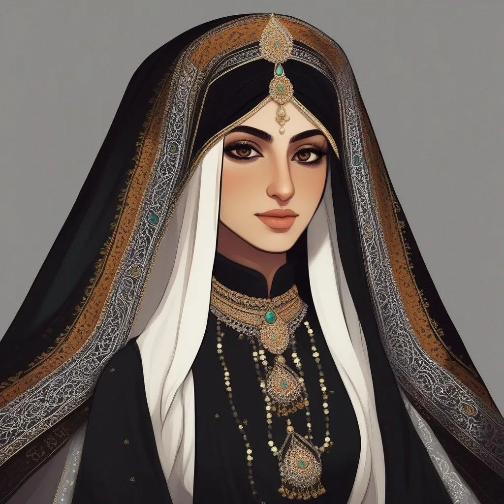 Prompt: A Persian woman in noble dress, with huge aquiline hooked armenian nose. She wears a black dress and a light veil on her face.  rpg art. 2d art. 2d.