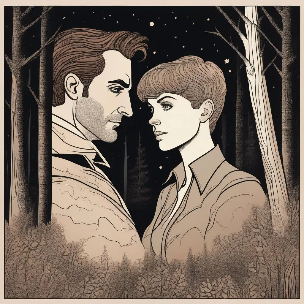 Prompt: A silkscreen comic illustration of a caucasian male sorcerer wearing mantle with freckles and very short brown slicked back pompadour undercut hair with shaved sides:vistani, melancholic, in a forest on a dark foggy night, hugging a woman with short brown wavy pixie hair, bid sad slant brown eyes, pale milky skin:2, waxing moon, round shaven face, broad cheeks, 1960s Soviet Retrofuturism,