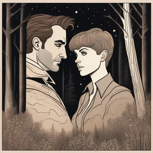 Prompt: A silkscreen comic illustration of a caucasian male sorcerer wearing mantle with freckles and very short brown slicked back pompadour undercut hair with shaved sides:vistani, melancholic, in a forest on a dark foggy night, hugging a woman with short brown wavy pixie hair, bid sad slant brown eyes, pale milky skin:2, waxing moon, round shaven face, broad cheeks, 1960s Soviet Retrofuturism,
