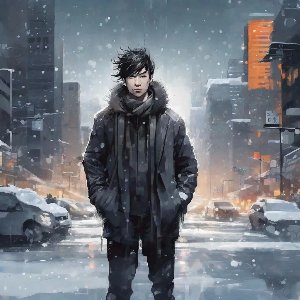 Prompt:  Liquid ink painting, A (man: 1.2), with cheerful face and 
 disheveled dark hair, shaved face, shaven face, standing among faceless (people: 0.9), modern cityscape (background: 0.3) snow, cold atmosphere, centered, 16K, HQ, UHD, digital illustration, trending on cgsociet, by Jordan Grimmer and James Jean