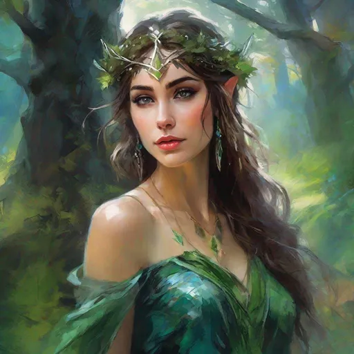 Prompt: fantasy book cover, a dark chesnut haired elven princess with brown highlights in her very short messy wavy bob hair, elf fae, tall and willowy and pretty, soft freckles, big large green eyes, pointed ears, intricate blue and green gown, pointy elvish ears, iron palace gray metal, landscape beautiful pine forest, Carne Griffiths, Michael Garmash, Frank Frazetta, Castle Background, Victo Ngai, Detailed, Vibrant, Sharp Focus, Character Design, Wlop, Kuvshinov, Character Design, TXAA, 32k, Highly Detailed, Dynamic Pose, Intricate Motifs, Organic Tracery, Perfect Composition, Digital Painting, Artstation, Smooth, Sharp Focus, Illustration, hyperdetailed, greg rutkowski