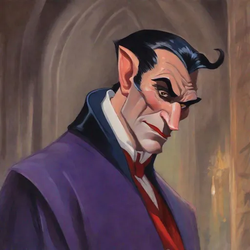 Prompt: gouache painting of a modern Disney animated style Renfield from Dracula inspired by Basil Gogos.