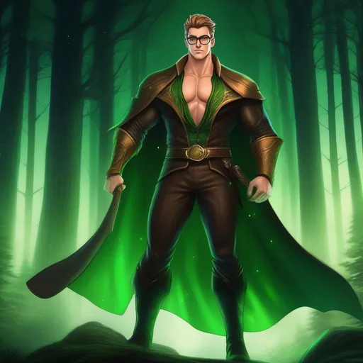 Prompt: highest quality anime art masterpiece, digital drawing, tall muscular bulky caucasian male sorcerer, wearing mage mantle, suideburns, very short brown slicked back pompadour undercut hair with shaved sides:vistani, wearing round glasses, green shades with emerald lenses, dark female makeup, melancholic, in a forest on a dark foggy night, big sad slant brown eyes, pale milky skin:2, waxing moon, round shaven face, broad cheeks, ethereal, trimmed face, glowing eyes, highres, realistic, highly detailed, fantasy, european, irish, D&D, Ravenloft, by Ilya Kuvshinov