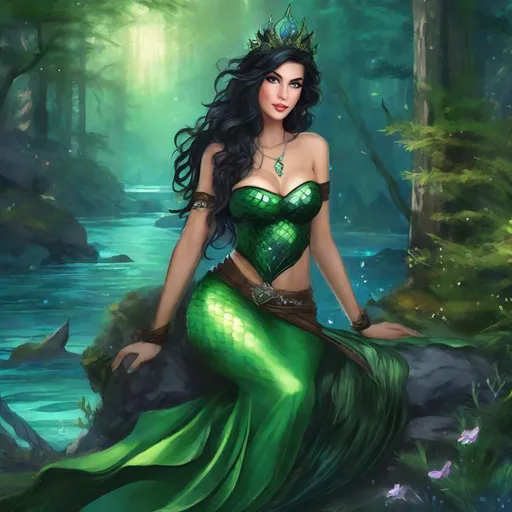 Prompt: fantasy book cover, a buxom jet black haired mermaid princess with brown highlights in her very short messy wavy bob hair, mermaid fae, tall and willowy and pretty, soft freckles, big large green eyes, pointed ears, intricate blue and green gown, pointy ears, iron palace gray metal, landscape beautiful pine forest, sit on sone, fishlail, Carne Griffiths, Michael Garmash, Frank Frazetta, Castle Background, Victo Ngai, Detailed, Vibrant, Sharp Focus, Character Design, Wlop, Kuvshinov, Character Design, TXAA, 32k, Highly Detailed, Dynamic Pose, Intricate Motifs, Organic Tracery, Perfect Composition, Digital Painting, Artstation, Smooth, Sharp Focus, Illustration, hyperdetailed, greg rutkowski