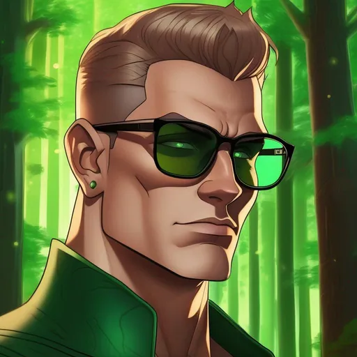 Prompt: highest quality anime art masterpiece, digital drawing, tall muscular bulky caucasian male sorcerer, wearing mage mantle, suideburns, very short brown slicked back pompadour undercut hair with shaved sides:vistani, wearing round glasses, green shades with emerald lenses, green sunglasses, dark female makeup, melancholic, in a forest on a dark foggy night, big sad slant brown eyes, pale milky skin:2, waxing moon, round shaven face, broad cheeks, ethereal, trimmed face, highres, realistic, highly detailed, fantasy, european, irish, D&D, Ravenloft, by Ilya Kuvshinov