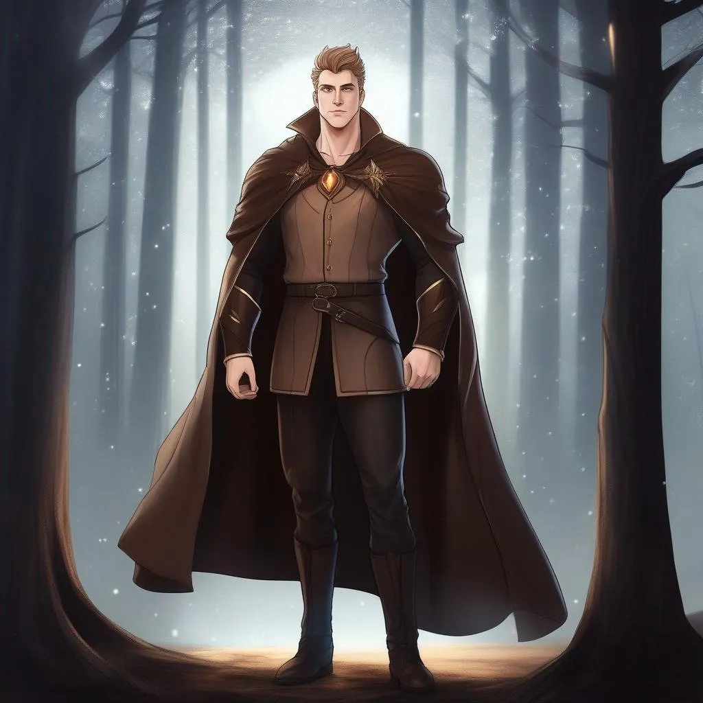 Prompt: full body image, highest quality anime art masterpiece, digital drawing, tall muscular bulky caucasian male sorcerer casting magic,  wearing mantle, with freckles very short brown slicked back pompadour undercut hair with shaved sides:vistani, melancholic, in a forest on a dark foggy night, big sad slant brown eyes, pale milky skin:2, waxing moon, round shaven face, broad cheeks, ethereal, trimmed face, highres, realistic, highly detailed, fantasy, european, irish, D&D, Ravenloft, by Ilya Kuvshinov