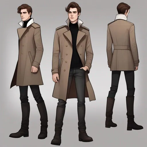 Prompt: full body shot shot of a young {man} with moderate length brown hair wearing dark brown trench jacket and white collared shirt with black pants and black boots, handsome, rpg art. Star trek art. 2d art. 2d