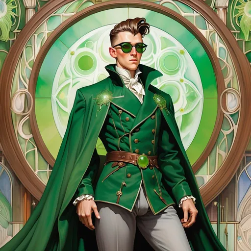 Prompt: a dynamic full body portrait of an irish adult beautiful handsome brown haired man, very short slicked back pompadour undercut with shaved sides and chestnut wisps, wearing a dark sorcerer mantle and round glasses, green mirror shades with emerald lenses round face, broad cheeks, dressed, muscular, intricate, sharp focus, in the style of Ivan Bilibin, Ernst Haeckel, Daniel Merriam, watercolor and ink