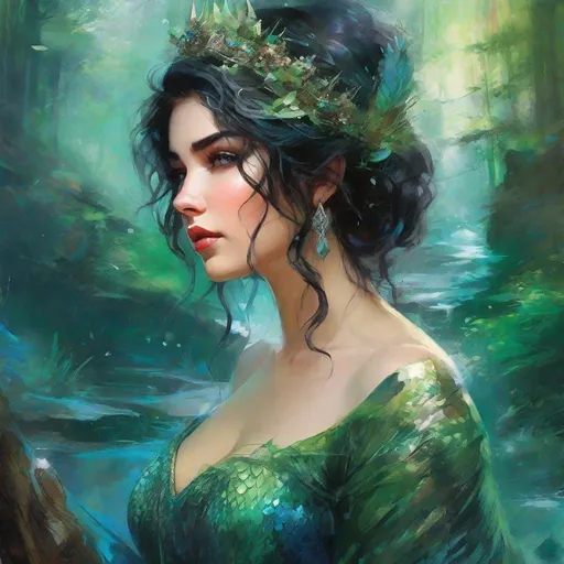 Prompt: fantasy book cover, a plump black haired mermaid princess with brown highlights in her very short messy wavy bob hair, mermaid fae, tall and willowy and pretty, soft freckles, big large green eyes, pointed ears, intricate blue and green gown, pointy ears, iron palace gray metal, landscape beautiful pine forest, fishlail, Carne Griffiths, Michael Garmash, Frank Frazetta, Castle Background, Victo Ngai, Detailed, Vibrant, Sharp Focus, Character Design, Wlop, Kuvshinov, Character Design, TXAA, 32k, Highly Detailed, Dynamic Pose, Intricate Motifs, Organic Tracery, Perfect Composition, Digital Painting, Artstation, Smooth, Sharp Focus, Illustration, hyperdetailed, greg rutkowski