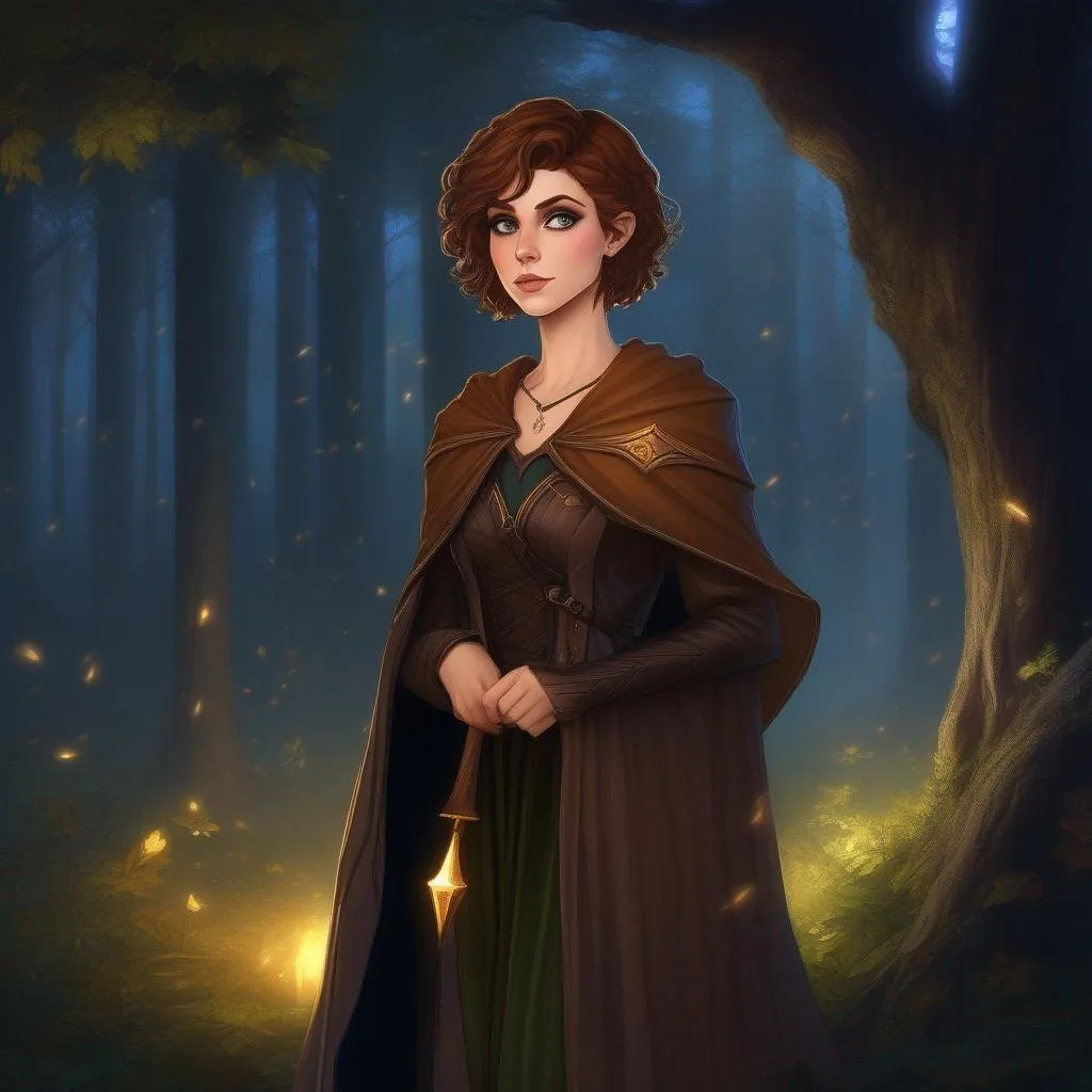 Prompt: highest quality anime art masterpiece, digital drawing, tiny skinny caucasian female sorceress, wearing mage mantle, , very short wavy brown pixie undercut hair with shaved sides:vistani, dark female makeup, huge hooked aquiline persian nose, slat nosetip, protruding nosebridge, melancholic, in a forest on a dark foggy night, big sad slant feline green cat eyes, tanned skin:2, waxing moon, ethereal, highres, realistic, highly detailed, fantasy, eastern european, ukrainian, D&D, Ravenloft, by Ilya Kuvshinov