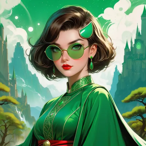 Prompt: retro futuristic soviet silk screen pulp fiction fantasy comic book cover, a dark chesnut haired sorcerer very short slicked back pompadour undercut hair, mage, tall and willowy and pretty, soft freckles, big large green eyes, wizard, intricate emerald and green robe, wearing round retro shades with green lenses, old fashioned emerald sunglasses, iron palace gray metal, landscape beautiful pine forest, Carne Griffiths, Michael Garmash, Frank Frazetta, Castle Background, Victo Ngai, Detailed, Vibrant, Sharp Focus, Character Design, Wlop, Kuvshinov, TXAA, 32k, Highly Detailed, Dynamic Pose, Intricate Motifs, Organic Tracery, Perfect Composition, Digital Painting, Artstation, Smooth, Sharp Focus, Illustration, hyperdetailed, greg rutkowski