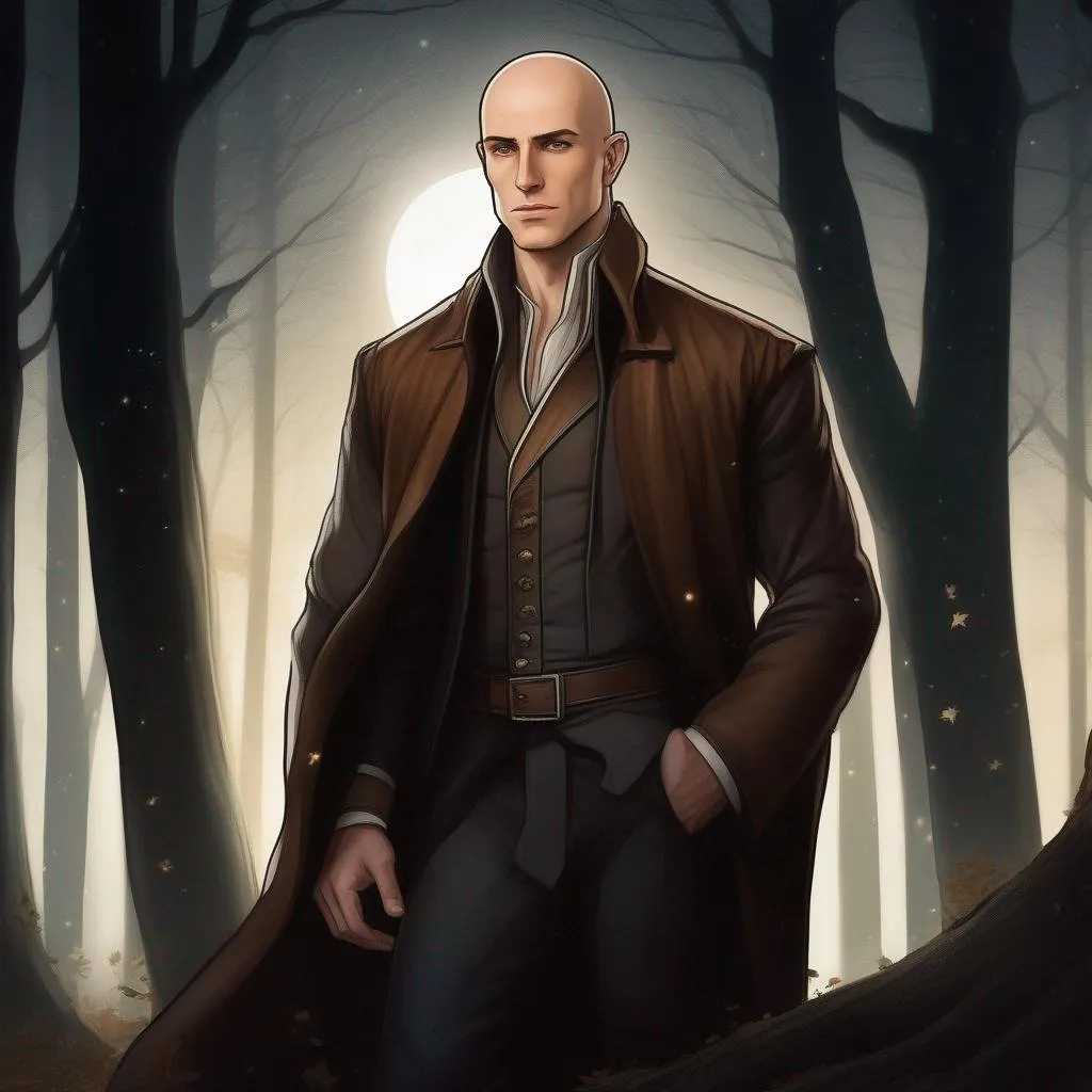 Prompt: highest quality anime art masterpiece, digital drawing, tall muscular caucasian bald male sorcerer wearing mantle, with freckles very short brown slicked back pompadour undercut hair with shaved sides:vistani, melancholic, in a forest on a dark foggy night, big sad slant brown eyes, pale milky skin:2, waxing moon, round shaven face, broad cheeks, ethereal, trimmed face, highres, realistic, highly detailed, fantasy, european, irish, D&D, Ravenloft, by Ilya Kuvshinov