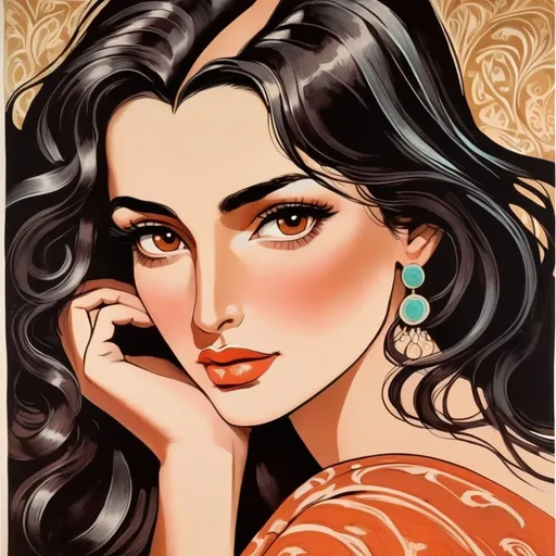 Prompt: Luxurious imperatrice, neo-fauvist screenprint. armeinian buxom female with huge big long hooked aquiline arabian nose,round face, broad cheeks, brown eyes, long black wavy hair, tanned skin, Beautiful, extremely detailed 