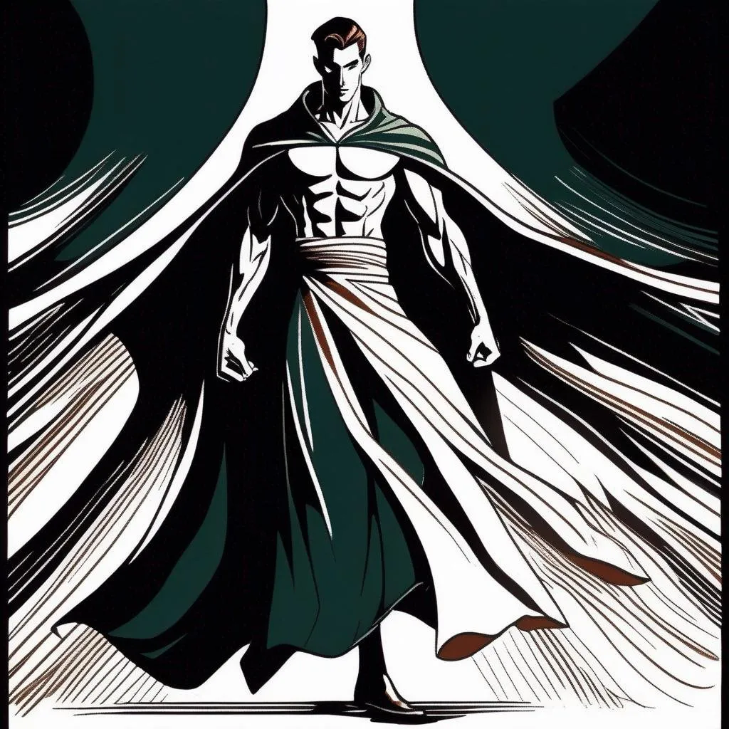 Prompt: Silk screen comic book illustration, a dynamic waist up drawing of an athletic, adult slender muscular male mage in movement, wearing a dark green wizars robe with a cape, loincloth, white shirt underneath, very short extremely deep dark brown slicked back pompadour undercut with dark ginger highlights and shaved sides, very bright and pale milky skin.  Well drawn face, detailed face,  1960s Soviet retrofuturism, 