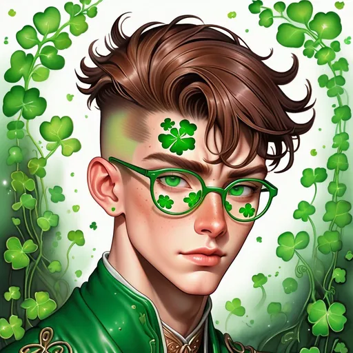 Prompt: a 2d dual chrome ink pen drawing of an irish freckled beautiful handsome brown haired male with green shamrocks, very short slicked back pompadour undercut with shaved sides and chestnut wisps, wearing a sorcerer mantle and round glasses, green amalgam shades with emerald dull lenses, shimmering eyes, intricate, pale milky skin, blushing cheeks, birth marks, sharp focus, in the style of Ivan Bilibin, Ernst Haeckel, Daniel Merriam, watercolor and ink