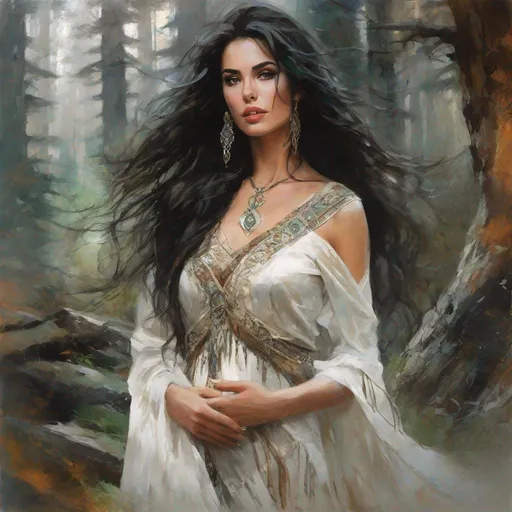 Prompt: fantasy book cover, a black haired pale arabian buxom woman with long wavy messy hair, which, tall and willowy and pretty, soft freckles, shamanism, mother, big large brown eyes, pregnant, enchantress, intricate brown and white dress, wearing old attire, iron palace gray metal, landscape beautiful pine forest, Carne Griffiths, Michael Garmash, Frank Frazetta, Castle Background, Victo Ngai, Detailed, Vibrant, Sharp Focus, Character Design, Wlop, Kuvshinov, Character Design, TXAA, 32k, Highly Detailed, Dynamic Pose, Intricate Motifs, Organic Tracery, Perfect Composition, Digital Painting, Artstation, Smooth, Sharp Focus, Illustration, hyperdetailed, greg rutkowski