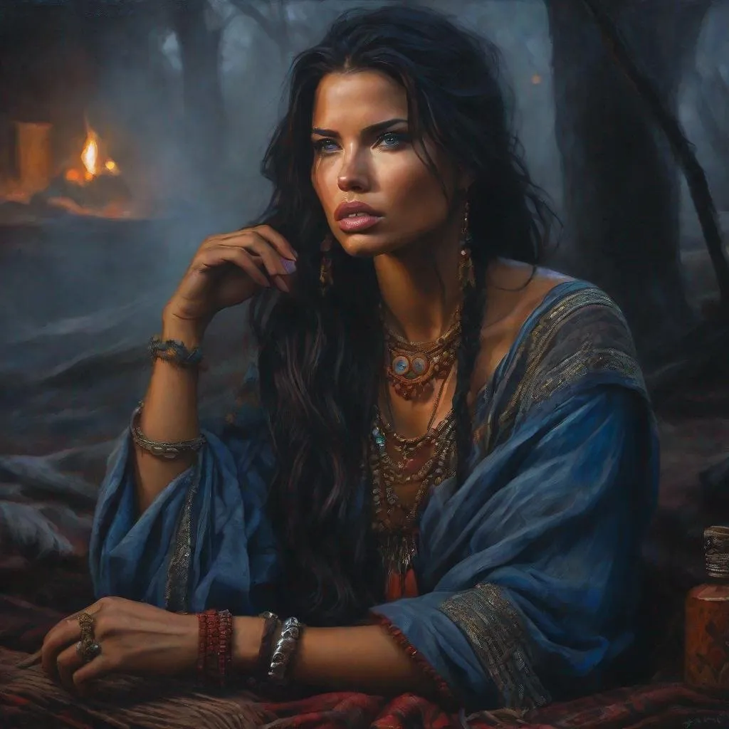 Prompt: fantasy art, oil painting, adriana lima fused together with Yarishna Nicole Ayala, as a chanting gypsy woman, in a dark gypsy camp near camp fire, roma attire, foggy night, dreadful dark and moody atmosphere, frightened and concerned expression, close up, cinematic, dramatic, highres, detailed, D&D, DnD, Pathfinder, Ravenloft, Vistani, fantasy, by Clyde Caldwell,