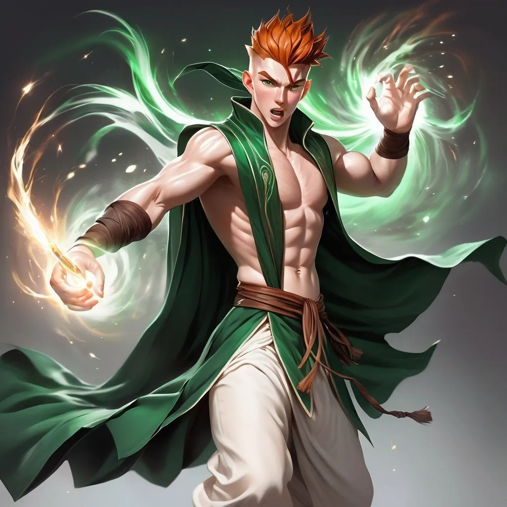 Prompt: a dynamic waist up drawing of an athletic, dressed adult slender skinny male mage in movement, wearing a dark green wizard robe with a cape, loincloth, white shirt underneath, very short extremely deep dark brown slicked back pompadour undercut with dark ginger highlights and shaved sides, very bright and pale milky skin. He fights with a wooden magic staff with a crystal and shoots magical pulses in motion, in rage, soft feminine body features, rising, athlete, scarred face, Smooth skin, detailed face, well drawn face. Rpg art. 2d art. 2d.