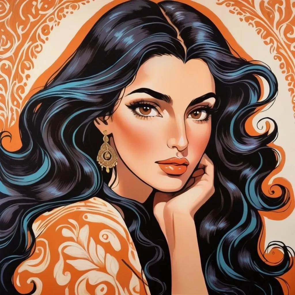 Prompt: Luxurious imperatrice, neo-fauvist screenprint. armeinian buxom female with huge big long hooked aquiline arabian nose,round face, broad cheeks, brown eyes, long black wavy hair, tanned skin, Beautiful, extremely detailed 