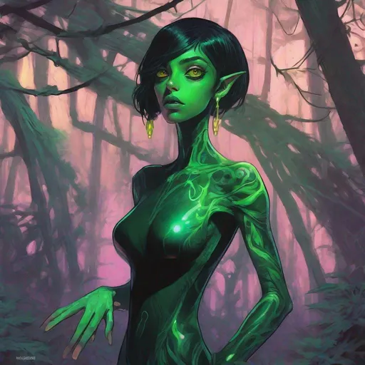 Prompt: a beautiful green skinned alien girl, black short hair, big yellow glowing eyes, huge long big hooked aquiline arabian nose, green skin, with entirely emerald skin colour, black T-shirt , standing in a forest at night, fear , biomorphic , muted pastel colors palette, by  Callie Fink, SIYA OUM, GIGER, Datamoshing , Vaporware, ink wash painting, aesthetic , centered, 16k, HQ, perspective ,insanely detailed and intricate, hyper realistic, cgsociet, dynamic pose