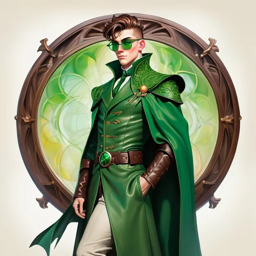 Prompt: a dynamic full body portrait of an irish adult beautiful handsome brown haired man, very short slicked back pompadour undercut with shaved sides and chestnut wisps, wearing a dark sorcerer mantle and round glasses, green mirror shades with emerald lenses round face, broad cheeks, dressed, muscular, intricate, sharp focus, in the style of Ivan Bilibin, Ernst Haeckel, Daniel Merriam, watercolor and ink