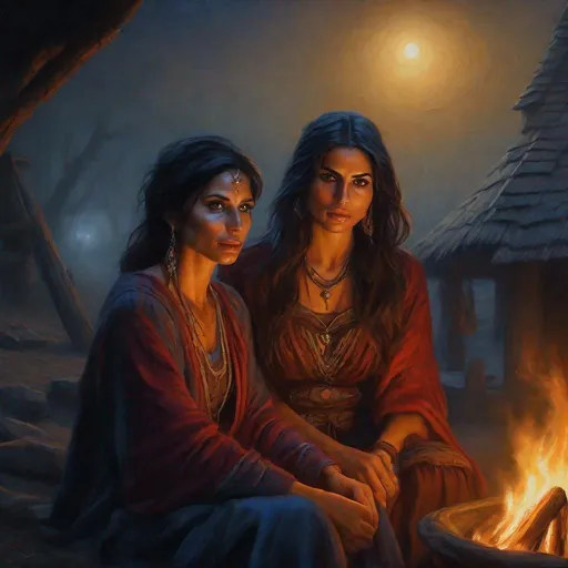 Prompt: fantasy art, oil painting, a morph of morena baccarin with sarah shahi, as a chanting gypsy woman, in a dark gypsy camp near camp fire, roma attire, foggy night, dreadful dark and moody atmosphere, frightened and concerned expression, close up, cinematic, dramatic, highres, detailed, D&D, DnD, Pathfinder, Ravenloft, Vistani, fantasy, by Clyde Caldwell,