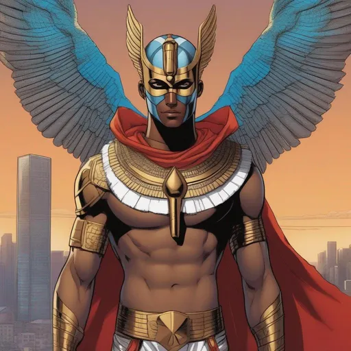 Prompt: Whole body, Full figure. In background a city view from the sky. An Egyptian young demigod superhero man wearing an egyptian orichalcum ankh armour. fwcw covering featureless mask on the head. demonic Wings on the shoulders. Body covered in bandages. Marvel art. Comics art. DC comics art. 2d art. 2.d