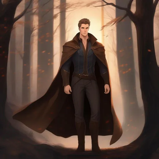 Prompt: full body image, highest quality anime art masterpiece, digital drawing, tall muscular bulky caucasian male sorcerer casting magic, wearing mantle, with whiskers, very short brown slicked back pompadour undercut hair with shaved sides:vistani, melancholic, in a forest on a dark foggy night, big sad slant brown eyes, pale milky skin:2, waxing moon, round shaven face, broad cheeks, ethereal, trimmed face, highres, realistic, highly detailed, fantasy, european, irish, D&D, Ravenloft, by Ilya Kuvshinov