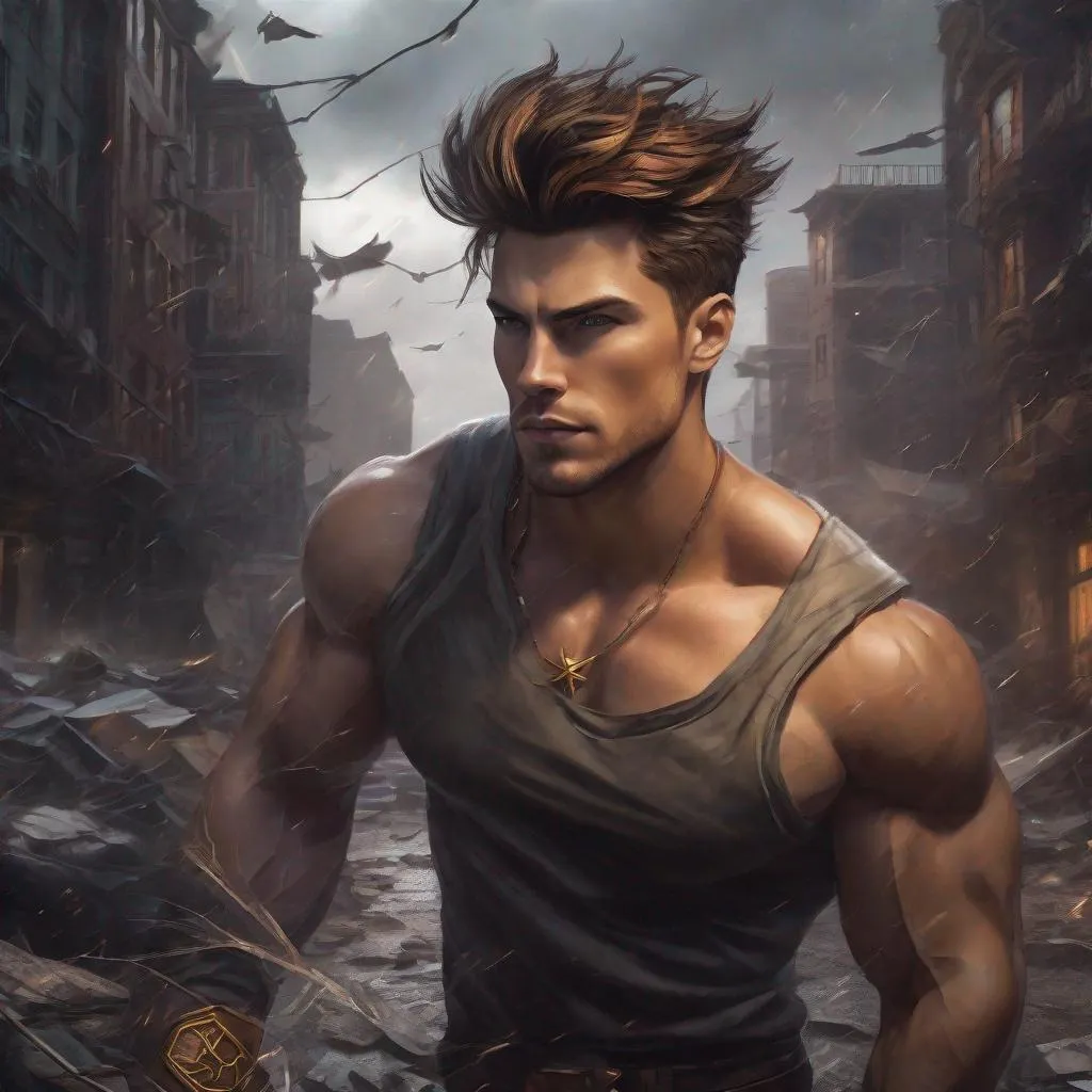 Prompt: A caucasian sorcerer with brown pompadour hair, a muscle-bound figure with bulging veins and a determined expression, brooding character with a mysterious aura. set in the center of a desolate city street, surrounded by crumbling buildings and piles of debris. The sky above is shrouded in dark storm clouds, crackling with bolts of lightning that illuminate the scene with an eerie glow. he wields wooden staff with blue electric aura, sparks fly and shattered asphalt fills the air, creating a dynamic and intense atmosphere.