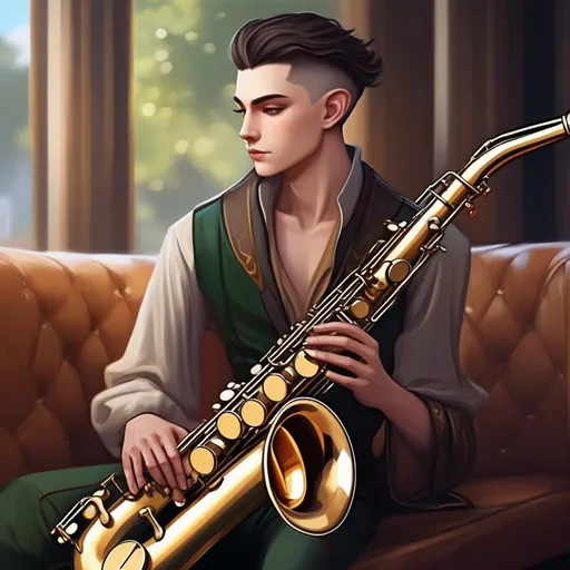 Prompt: A young elf mage with very short 
 extremely deep dark brown slicked back pompadour undercut and pale skin. He plays a saxophone, has a sword on the left side and sits on a couch. soft feminine body features. Smooth skin, detailed, well drawn face. Rpg art. 2d art. 2d.