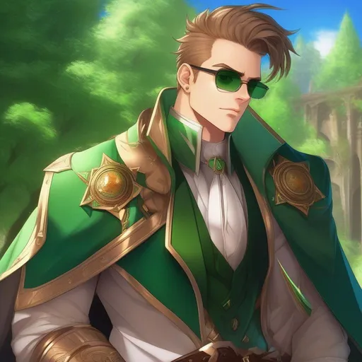 Prompt: highest quality anime art masterpiece, digital drawing, tall muscular bulky caucasian male sorcerer, wearing mage mantle, suideburns, very short brown slicked back pompadour undercut hair with shaved sides:vistani, wearing (round glasses), green sunshades with round emerald lenses, green (round) sunglasses, dark female makeup, melancholic, in a forest on a dark foggy night, big sad slant brown eyes, pale milky skin:2, waxing moon, round shaven face, broad cheeks, ethereal, trimmed face, highres, realistic, highly detailed, fantasy, european, irish, D&D,  2d art by Hokusai,