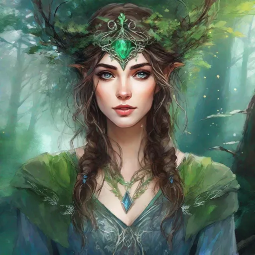 Prompt: fantasy book cover, a dark chesnut haired elven princess with brown highlights in her very extremely short messy wavy bob hair, pale elf fae, tall and willowy and pretty, soft freckles, big large green eyes, pointed ears, intricate blue and green gown, pointy elvish ears, iron palace gray metal, landscape beautiful pine forest, Carne Griffiths, Michael Garmash, Frank Frazetta, Castle Background, Victo Ngai, Detailed, Vibrant, Sharp Focus, Character Design, Wlop, Kuvshinov, Character Design, TXAA, 32k, Highly Detailed, Dynamic Pose, Intricate Motifs, Organic Tracery, Perfect Composition, Digital Painting, Artstation, Smooth, Sharp Focus, Illustration, hyperdetailed, greg rutkowski