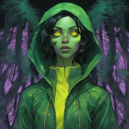 Prompt: a beautiful green skinned extraterrestrial girl, black short hair, big yellow glowing eyes, huge long big hooked aquiline arabian nose, green skin, with entirely emerald skin colour, black T-shirt , standing in a forest at night, fear, biomorphic, muted pastel colors palette, by Callie Fink, SIYA OUM, GIGER, Datamoshing, Vaporware, ink wash painting, aesthetic, centered, 16k, HQ, perspective, insanely detailed and intricate, hyper realistic, cgsociet, dynamic pose