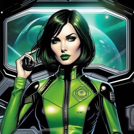 Prompt: detailed green skinned character portrait, full body portrait of a green skin petite slim female with short black messy wavy bob cut and green skin, green woman retro futuristic starship officer, black futuristic leather jackett, girlwith green skin color, on smoky background, docking station, inside of a spaceship, Marvel comics art, (comic art), 2d art. (2d), DC comics art. Well drawn faces, detailed faces.