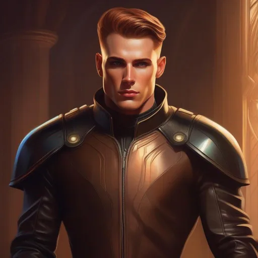 Prompt: A masculine scifi european cyborg soldier. very short bright brown slicked back pompadour undercut hair with shawed sides and light chestnut highlights, round face, broad cheeks, glowing eyes, wearing a black retro futuristic leather jackett with borg armour underneath, artgerm greg rutkowski mucha