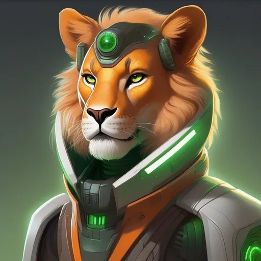 Prompt:  A 33 years old alien of a star wars lion race. Vaguely humanoid. He has shot orange fur and a white skin. He wears a scifi suit and has green robot eyes. Detailed, well draw face, Smooth skin. rpg art. Star wars art. 2d art. 2d