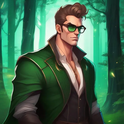 Prompt: highest quality anime art masterpiece, digital drawing, tall muscular bulky caucasian male sorcerer, wearing mage mantle, suideburns, very short brown slicked back pompadour undercut hair with shaved sides:vistani, wearing round glasses, green shades with emerald lenses, dark female makeup, melancholic, in a forest on a dark foggy night, big sad slant brown eyes, pale milky skin:2, waxing moon, round shaven face, broad cheeks, ethereal, trimmed face, highres, realistic, highly detailed, fantasy, european, irish, D&D, Ravenloft, by Ilya Kuvshinov