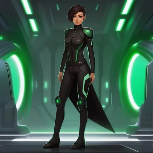 Prompt: Whole body. Full Figure, from distance. a Young noble woman from the future in the 22nd century, black futuristic scifi uniform. Cute. very short dark brown pixie haircut. emerald eyes. soft feminine body features. Smooth skin, detailed, well drawn face. Rpg art. 2d art. 2d.