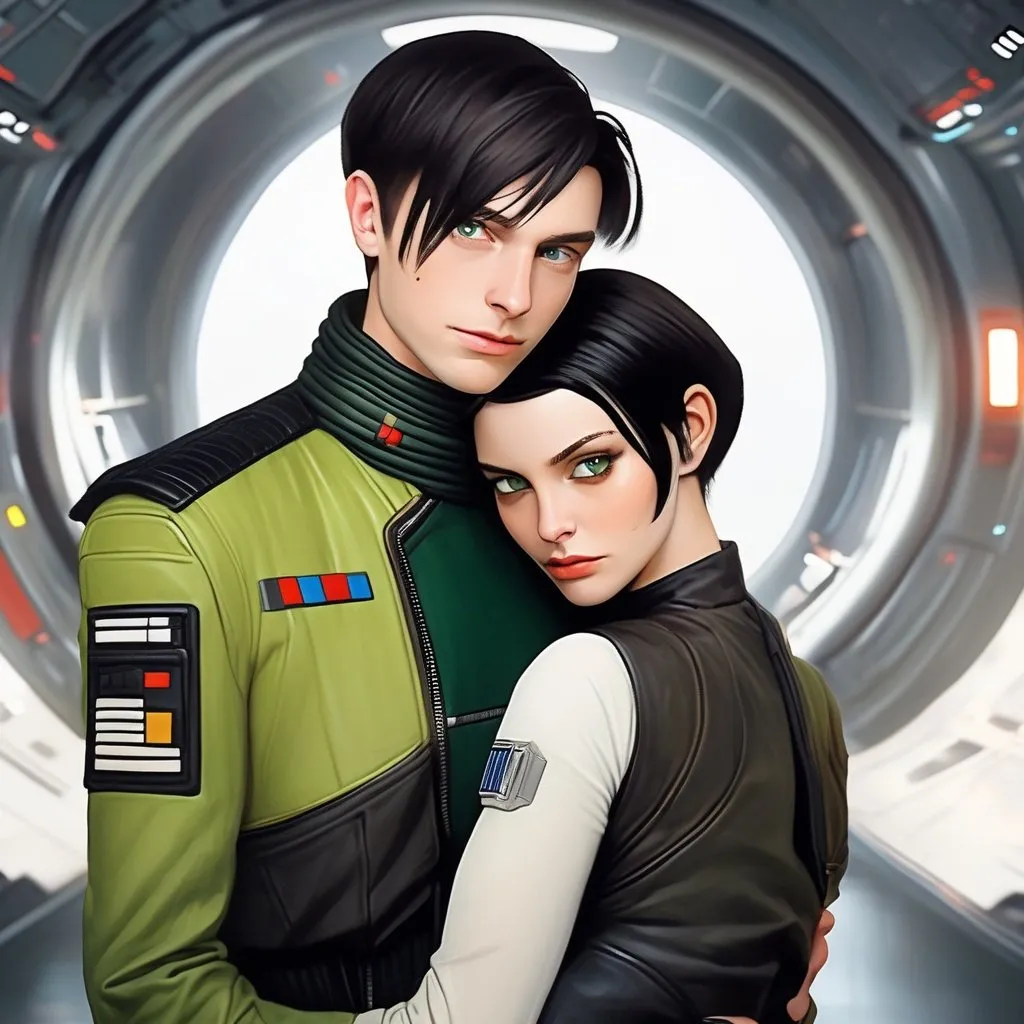 Prompt: A green skinned scifi green female with green skin, she has short black bob hair, well drawn green face, uniform, her skin is green, she has green skin. hugging with a Handsome caucasian male scifi pilot with very short slicked back (brown) pompadour undercut hair, fully dark entirely jet black leather jacket. green eyes, his skin is normal pale. detailed. star wars art. 2d art. 2d