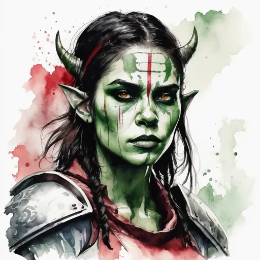 Prompt: Ultra realistic photo portrait of a very young beautiful attractive teenage female orc warrior queen in watercolor style, minimalist, elegant, white background, black lines, green shades, red tones, thick bold Rotring lines, capturing strength and fantasy, powerful and artistic portrayal, focusing entirely on the character, no additional elements, watercolor illustration.