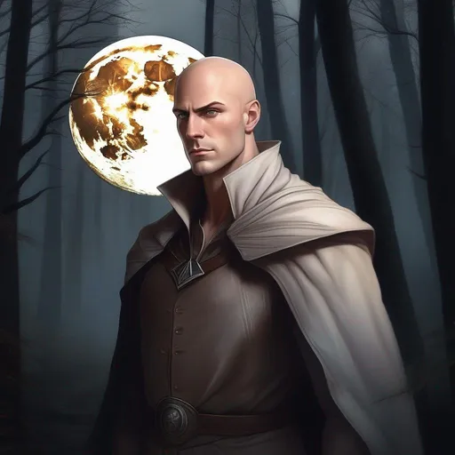 Prompt: highest quality anime art masterpiece, digital drawing, muscular caucasian bald male sorcerer wearing mantle, with freckles and balding hairless scalp:vistani, melancholic, in a forest on a dark foggy night, big sad slant brown eyes, pale milky skin:2, waxing moon, round shaven face, broad cheeks, ethereal, trimmed face, highres, realistic, highly detailed, fantasy, european, irish, D&D, Ravenloft, by Ilya Kuvshinov